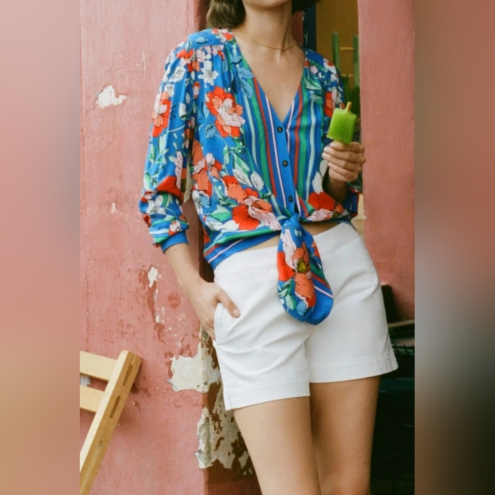 Anthropologie Blue Floral Tie-Front Blouse - Picture 4 of 16